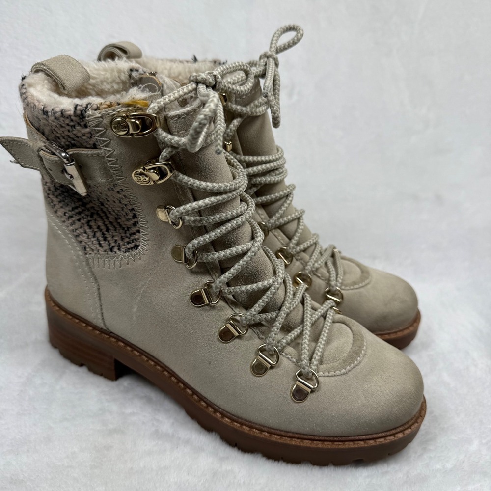 Sam Edelman Tenlee Beige Leather Tweed Faux Fur Hiking Boots Womens 6M Lug Sole